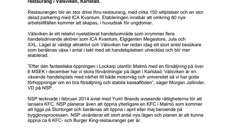 KFC öppnar i Karlstad under sommaren 2016