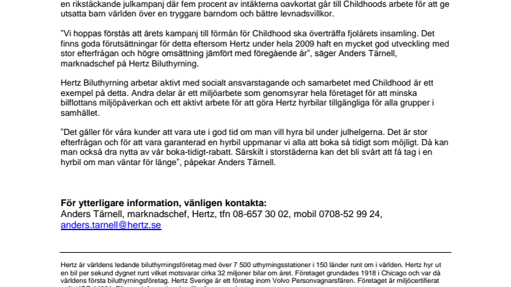 Hertz ger fem procent av julkampanj till Childhood  