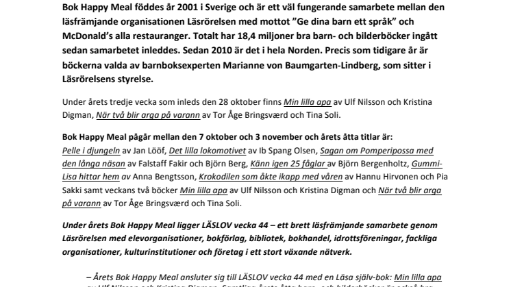 ​Fjärde veckan för BOK HAPPY MEAL  – under Läslovet med böcker av Ulf Nilsson/Kristina Digman och Tor Åge Bringsværd/Tina Soli