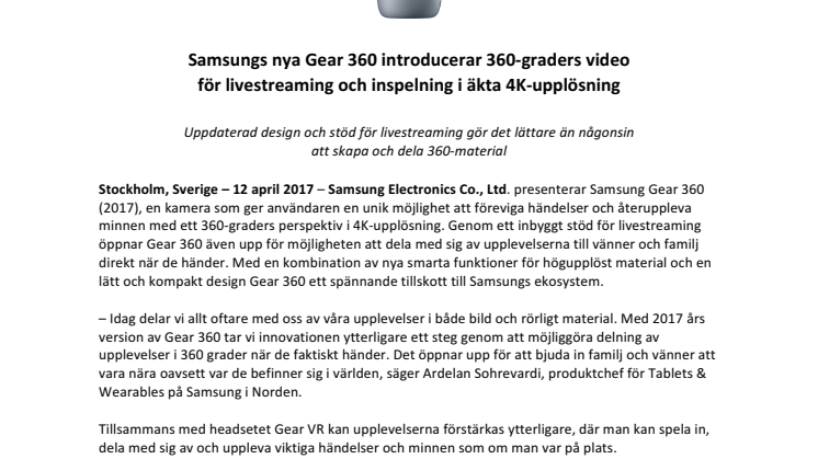 Samsungs nya Gear 360 introducerar 360-graders video  för livestreaming och inspelning i äkta 4K-upplösning 