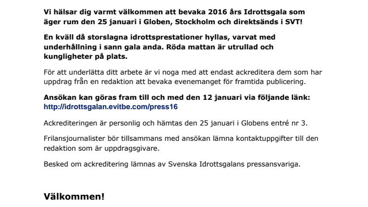 Pressinbjudan Svenska Idrottsgalan - påminnelse