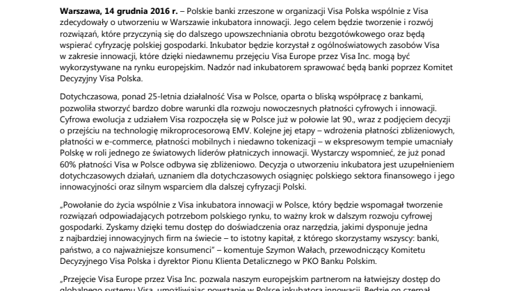 Visa wspólnie z bankami uruchomi w Polsce inkubator innowacji