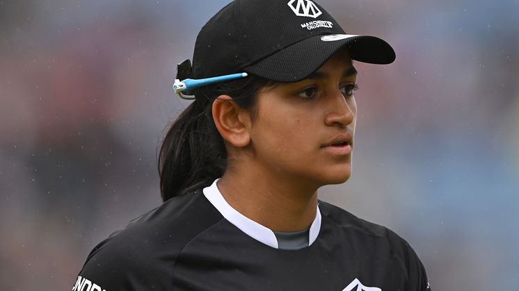 Originals bowler Mahika Gaur looks on during The Hundred match between Northern Superchargers Women and Manchester Originals Women at Headingley. (Photo by Stu Forster/Getty Images)