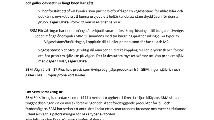 SBM Försäkring lanserar Vägassistans för äldre bilar