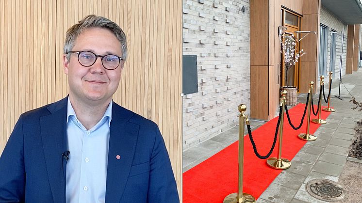 Bostadsminister Johan Danielsson samt en bild tagen i samband med inflyttningen i projektet Körsbärslunden i mars 2021, när den röda mattan hade rullats ut för de boende.