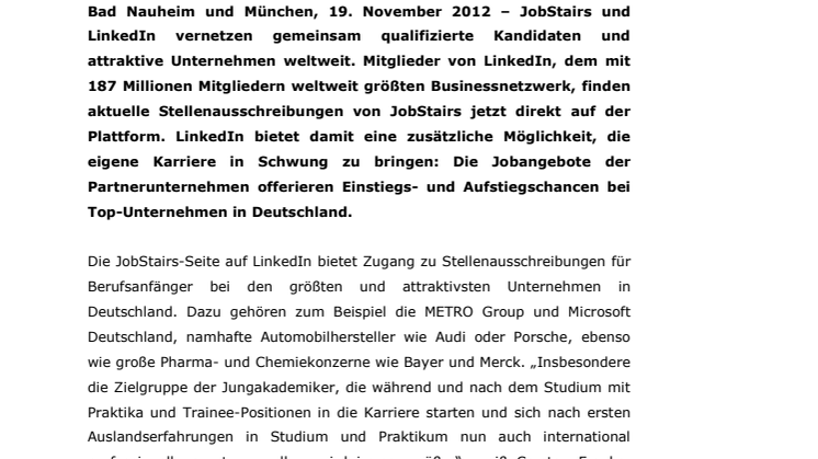 JobStairs und LinkedIn vernetzen Kandidaten mit den größten Unternehmen Deutschlands   