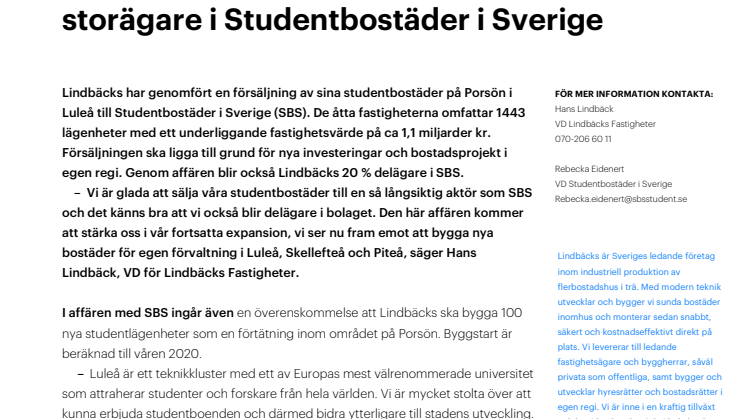 Lindbäcks gör miljardaffär och blir storägare i Studentbostäder Sverige