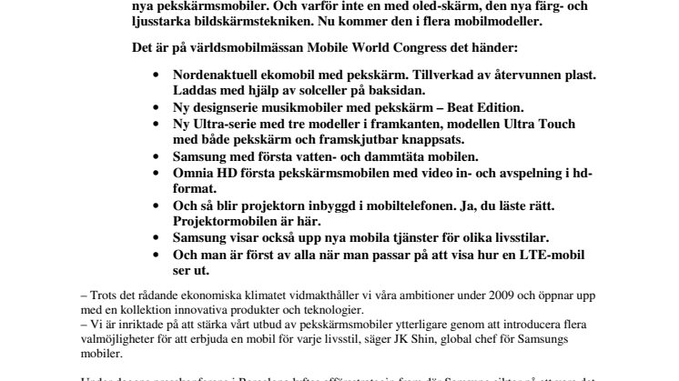 Samsungpremiär: pekskärmsmobiler, ekomobil, hd-mobil, projektormobil och vattentät mobil