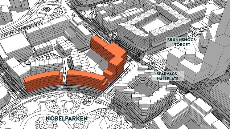 De tre byggrätterna (orange) ligger i anslutning till Nobelparken och Brunnshögstorget.
