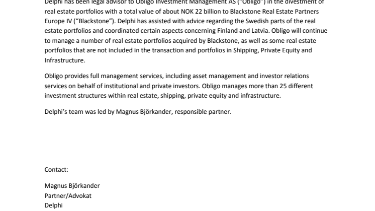 Delphi advisor to Obligo Investment Management AS (“Obligo”) in the divestment of real estate portfolios