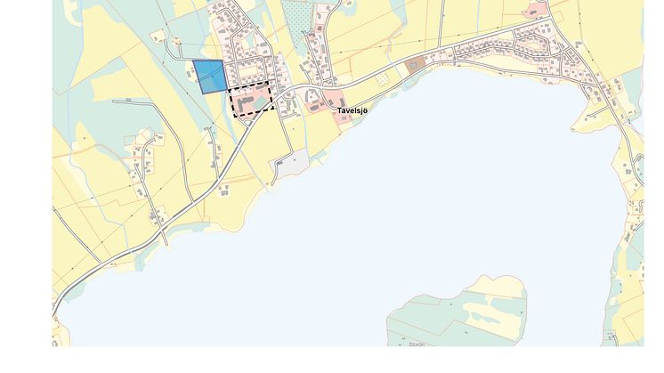 En detaljplan ska tas fram för en ny förskola i Tavelsjö. Blå markering visar preliminär avgränsning av planområdet. Svart streckad linje visar Tavelsjö skolas placering.