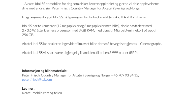 Ny Alcatel Idol5-serie lanseres nå – først ut er Idol 5S