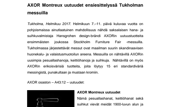 AXOR Montreux uutuudet esittelyssä Tukholman messuilla 7.-11.2.2017