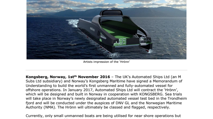 Kongsberg Maritime: Automated Ships Ltd and KONGSBERG to build first unmanned and fully-automated vessel for offshore operations