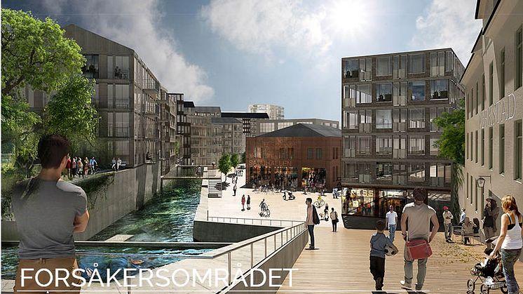 Forsåkersområdet i Mölndal där bostäder och verksamhetslokaler planeras. Ill: Nyréns Arkitektkontor.