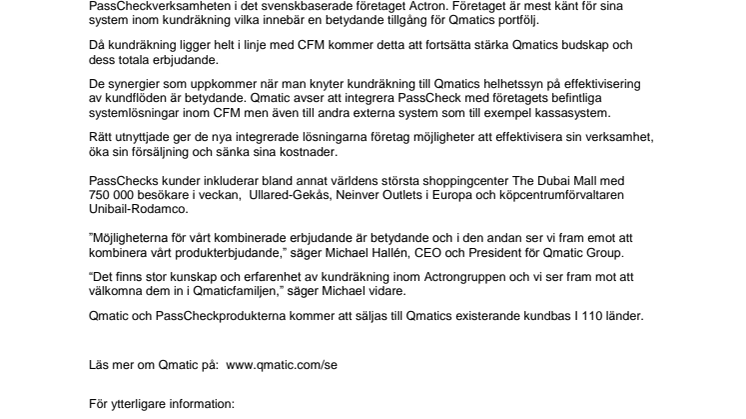 Qmatic satsar på kundräkning och förvärvar PassCheck.