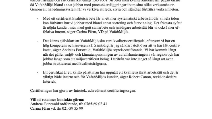 VafabMiljö har blivit kvalitetscertifierade