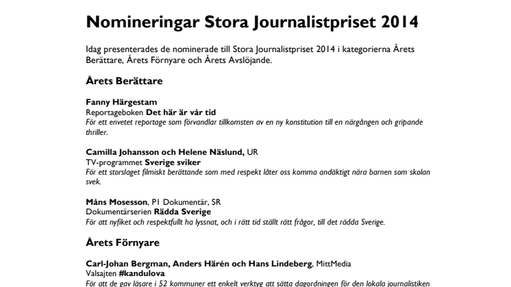 De kan vinna Stora Journalistpriset 2014