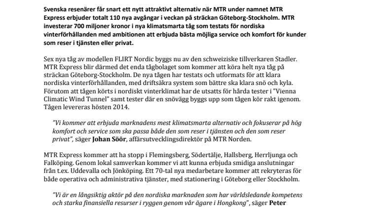 MTR Express satsar 700 miljoner på nya klimatsmarta tåg