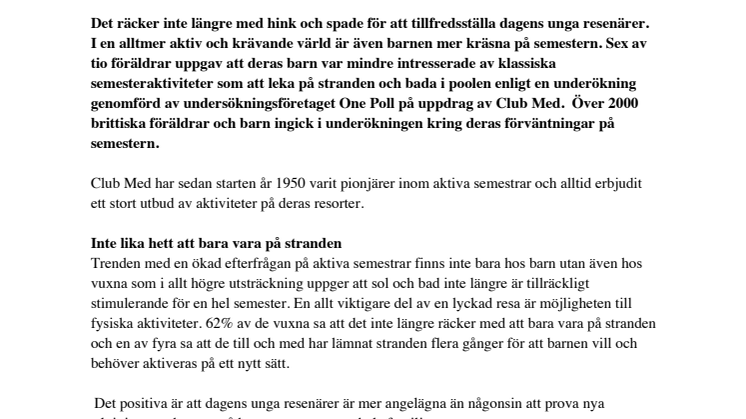 Barn vill ha aktiva semestrar enligt ny undersökning från Club Med