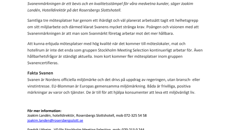 ​Nu Svanenmärks slotten inom Stockholm Meeting Selection