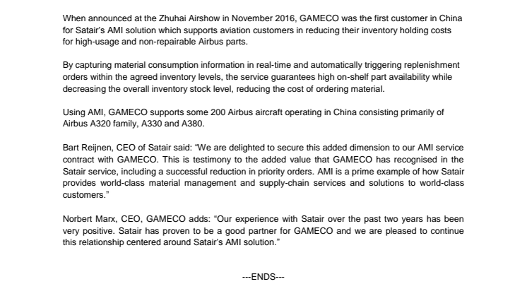   GAMECO EXPANDS SCOPE OF ITS AIRBUS MANAGED INVENTORY (AMI) AGREEMENT WITH SATAIR