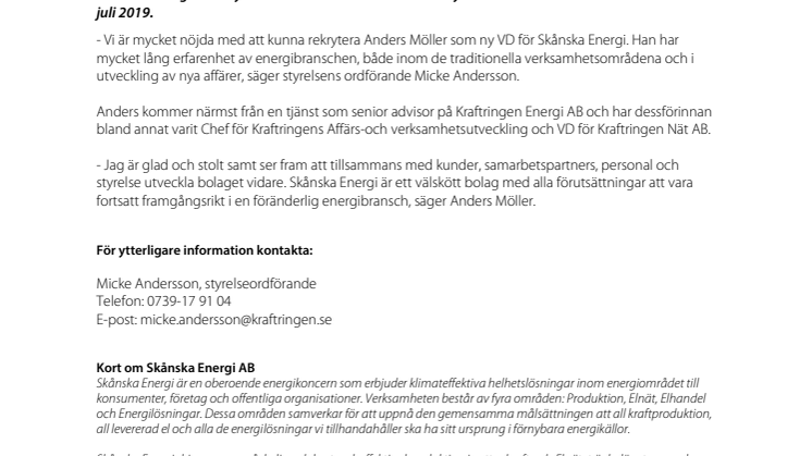 Anders Möller utses till ny VD och koncernchef för Skånska Energi