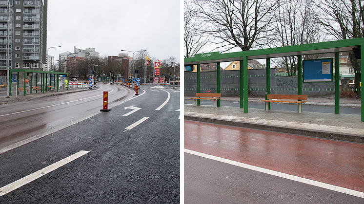 Rudbecksgatan-Universitetsallén har anpassats för det nya kollektivtrafiksystemet. Foto: Örebro kommun.