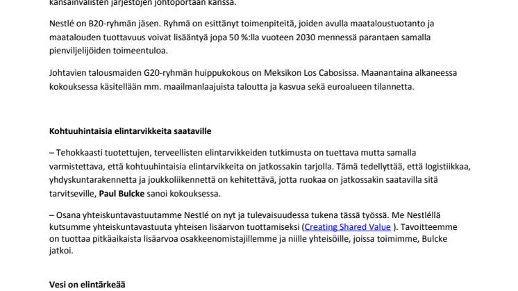 Nestlé edistää elintarvikkeiden saatavuutta G20-ryhmän huippukokouksessa