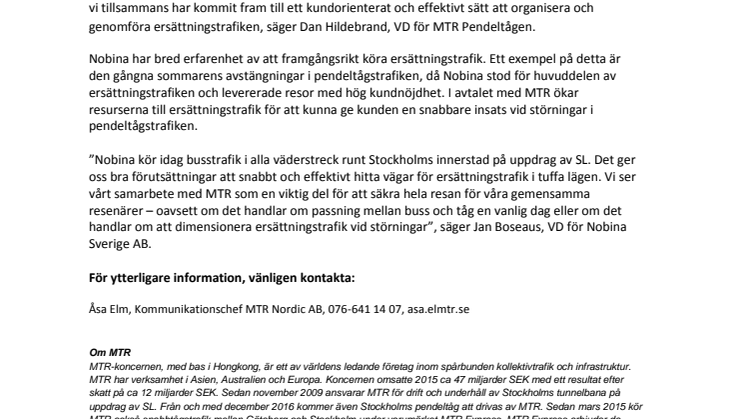 MTR och Nobina tecknar avtal om ersättningstrafik 
