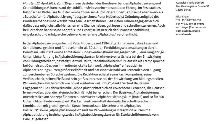 Cornelsen-Autor ist „Botschafter für Alphabetisierung“ - Peter Hubertus für sein Lebenswerk vom Bundesverband Alphabetisierung e.V. geehrt 