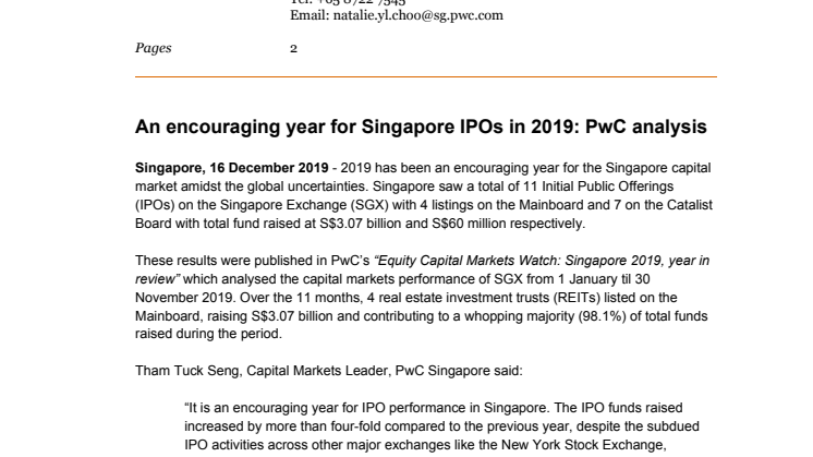 An encouraging year for Singapore IPOs in 2019: PwC analysis