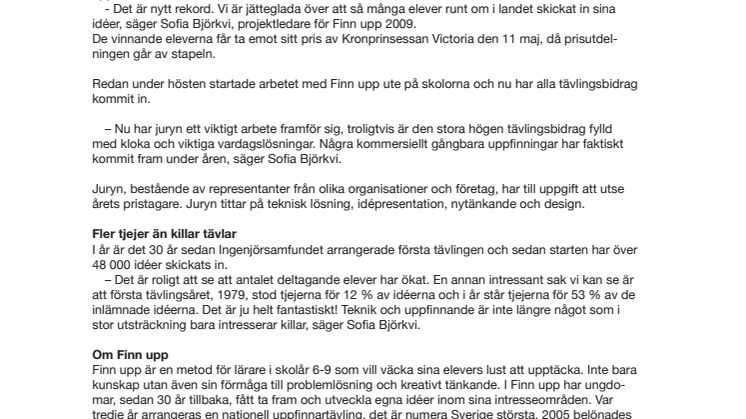 Över 8500 elever tävlar i Sveriges största idé- och uppfinnartävling Finn upp 2009