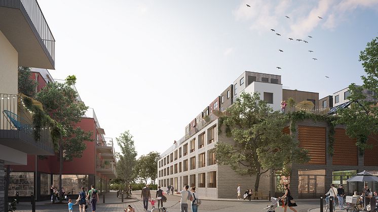 Visionsbild av korsningen Badhusgatan/Biblioteksgatan med nya bostäder och lokaler till höger i bild. Illustration: Semrén&Månsson 