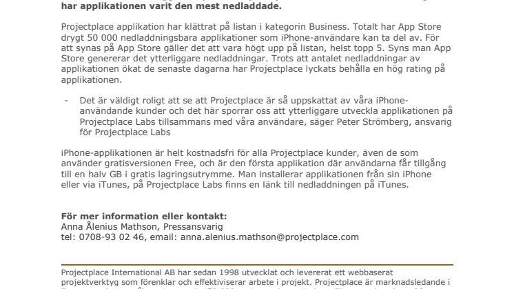 Projectplace iPhone-applikation mest nedladdad i App Store 