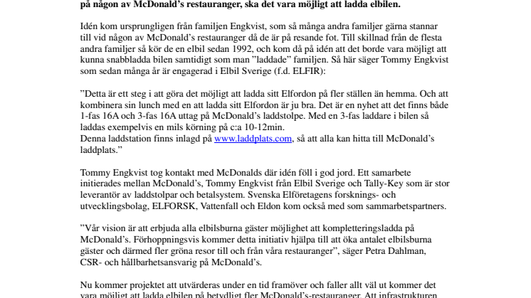Initiativ från elbilsförening gav världspremiär på McDonalds