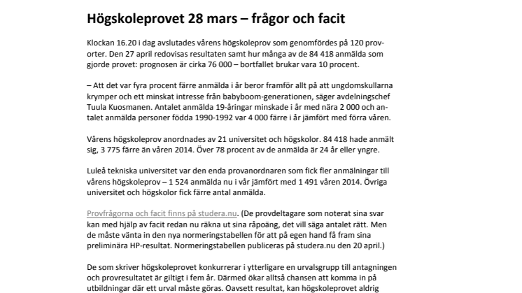 Högskoleprovet 28 mars – frågor och facit