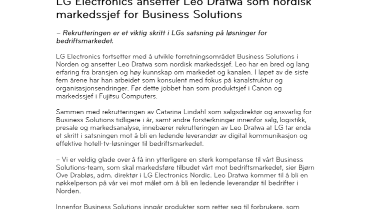 LG Electronics ansetter Leo Dratwa som nordisk markedssjef for Business Solutions