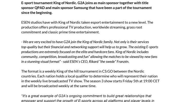Nordic E-sport show starts 2016 with new International collaboration.