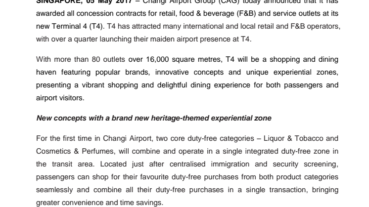 Tenancy for stores and restaurants fully secured for Changi Airport Terminal 4