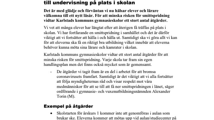 Åtgärder för att minska risken för smittspridning när våra gymnasieskolor återgår till undervisning på plats i skolan