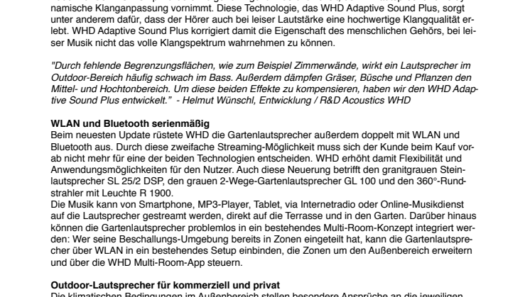 Neue dynamische Klanganpassung und mehr Streaming-Möglichkeiten bei WHD-Gartenlautsprechern