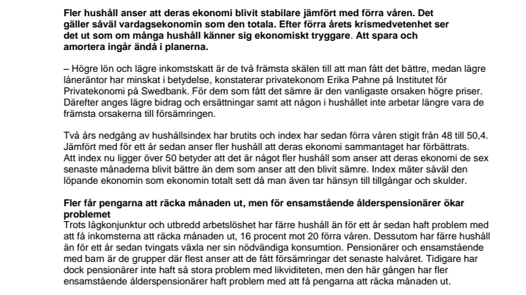Swedbanks Hushållsbarometer 2010: Stabilare ekonomi, optimism och god sparvilja