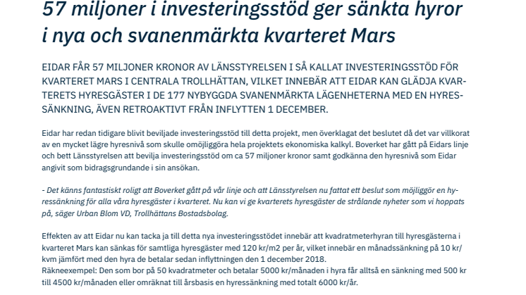 57 miljoner i investeringsstöd ger sänkta hyror i Svanenmärkta Mars