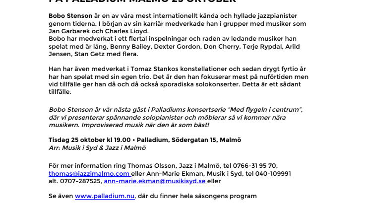 Bobo Stenson solo på Palladium Malmö 25 okt