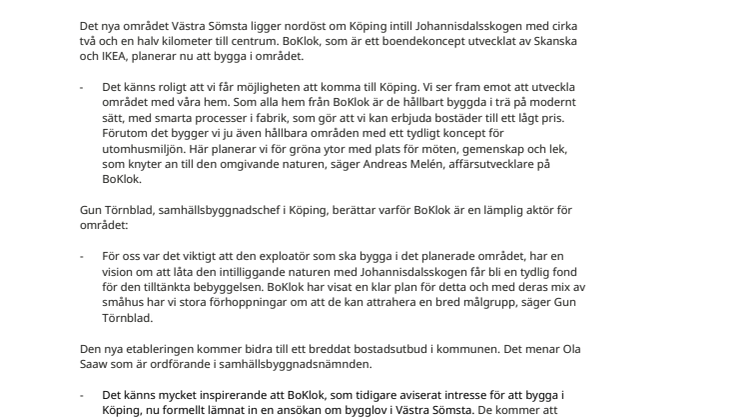 Pressmeddelande BoKlok ny aktör på bostadsmarknaden i Köping