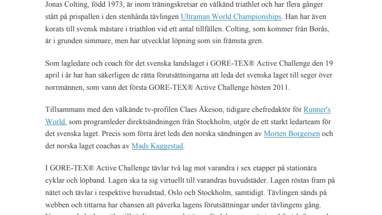 Jonas Colting klar som lagledare i GORE-TEX® Active Challenge 2012