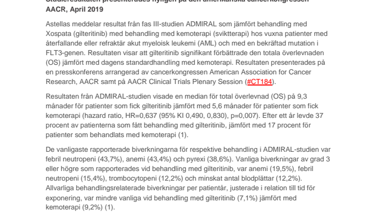 Fas III-studien ADMIRAL visar att behandling med Xospata (gilteritinib) resulterade i signifikant förlängd total överlevnad för patienter med återfallande eller refraktär FLT3-positiv akut myeloisk leukemi jämfört med kemoterapi