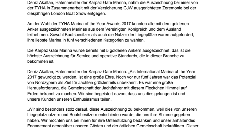 boot Düsseldorf - Karpaz Gate Marina: Karpaz Gate Marina Gewinnt TYHA International Marina of the Year Award 2017