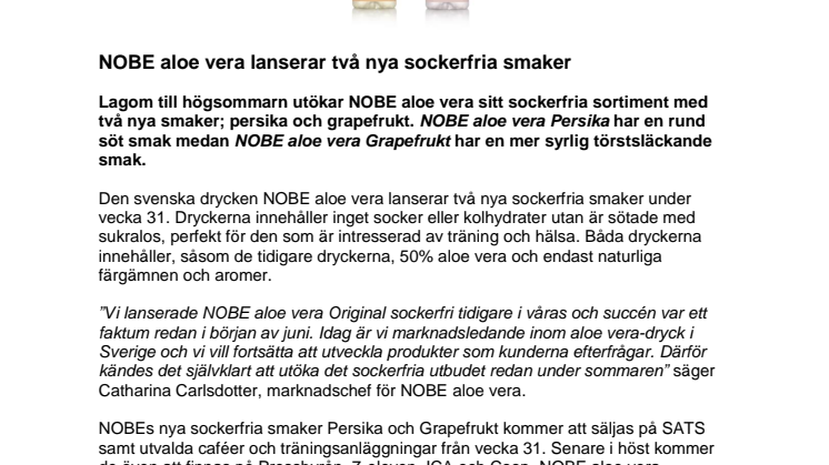 NOBE aloe vera lanserar två nya sockerfria smaker